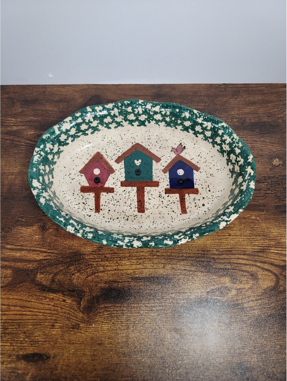 Vintage Gibson Oval Ceramic Bake Ware 11"x8"x2" Spatterware Spongeware Birdhouse